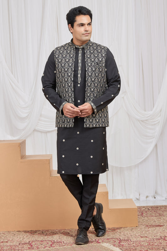 Elegant Black Art Silk Embroidered Wedding Kurta Pyjama with Jacket for Men