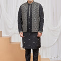 Elegant Black Art Silk Embroidered Wedding Kurta Pyjama with Jacket for Men