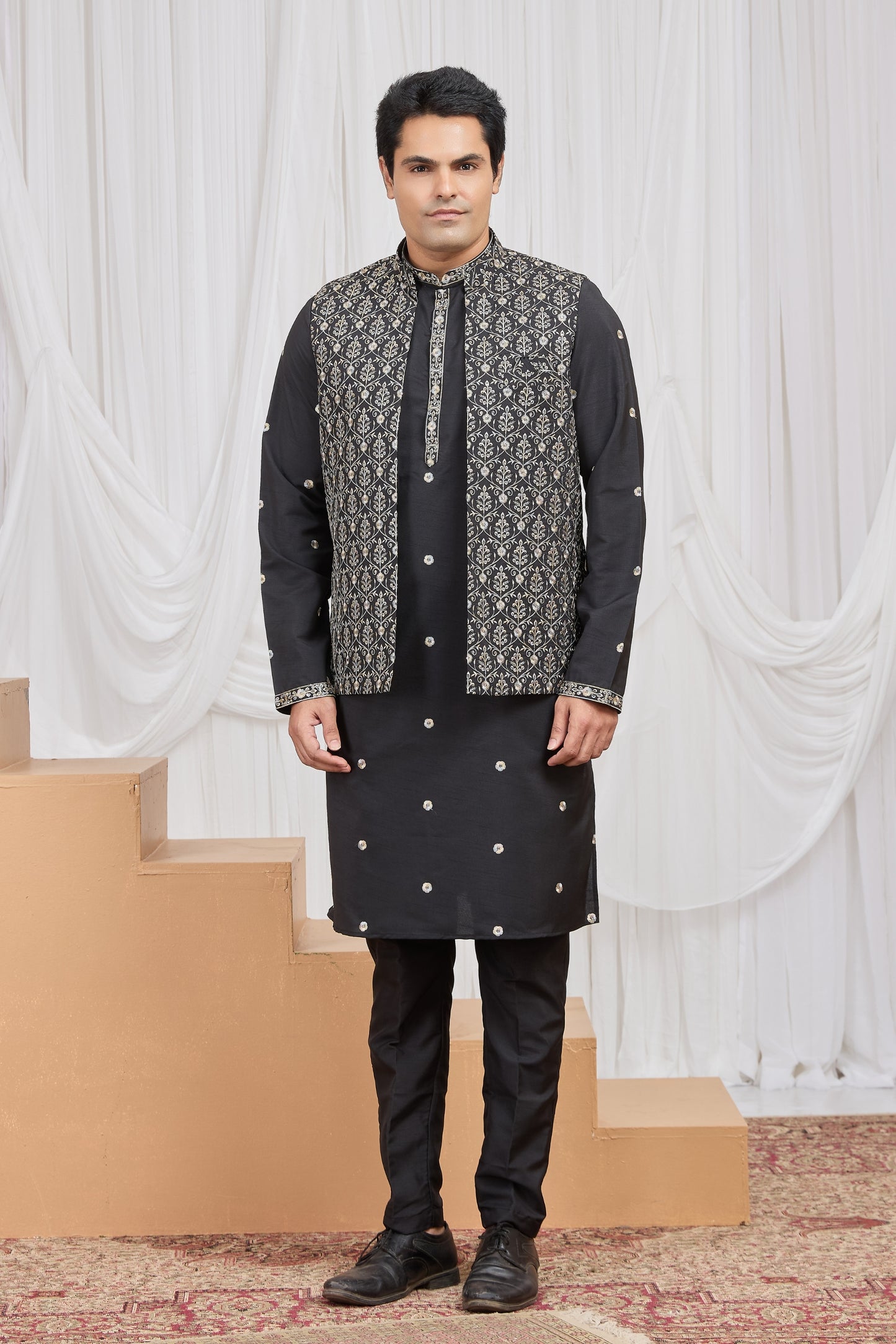 Elegant Black Art Silk Embroidered Wedding Kurta Pyjama with Jacket for Men