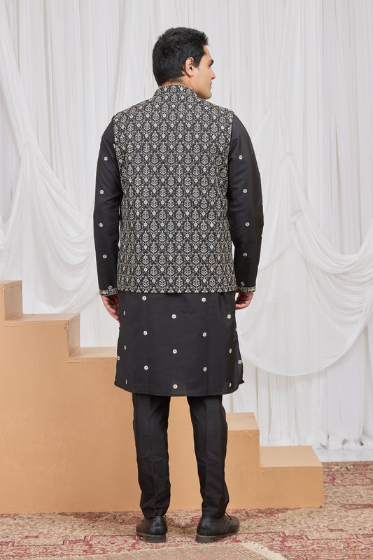 Elegant Black Art Silk Embroidered Wedding Kurta Pyjama with Jacket for Men