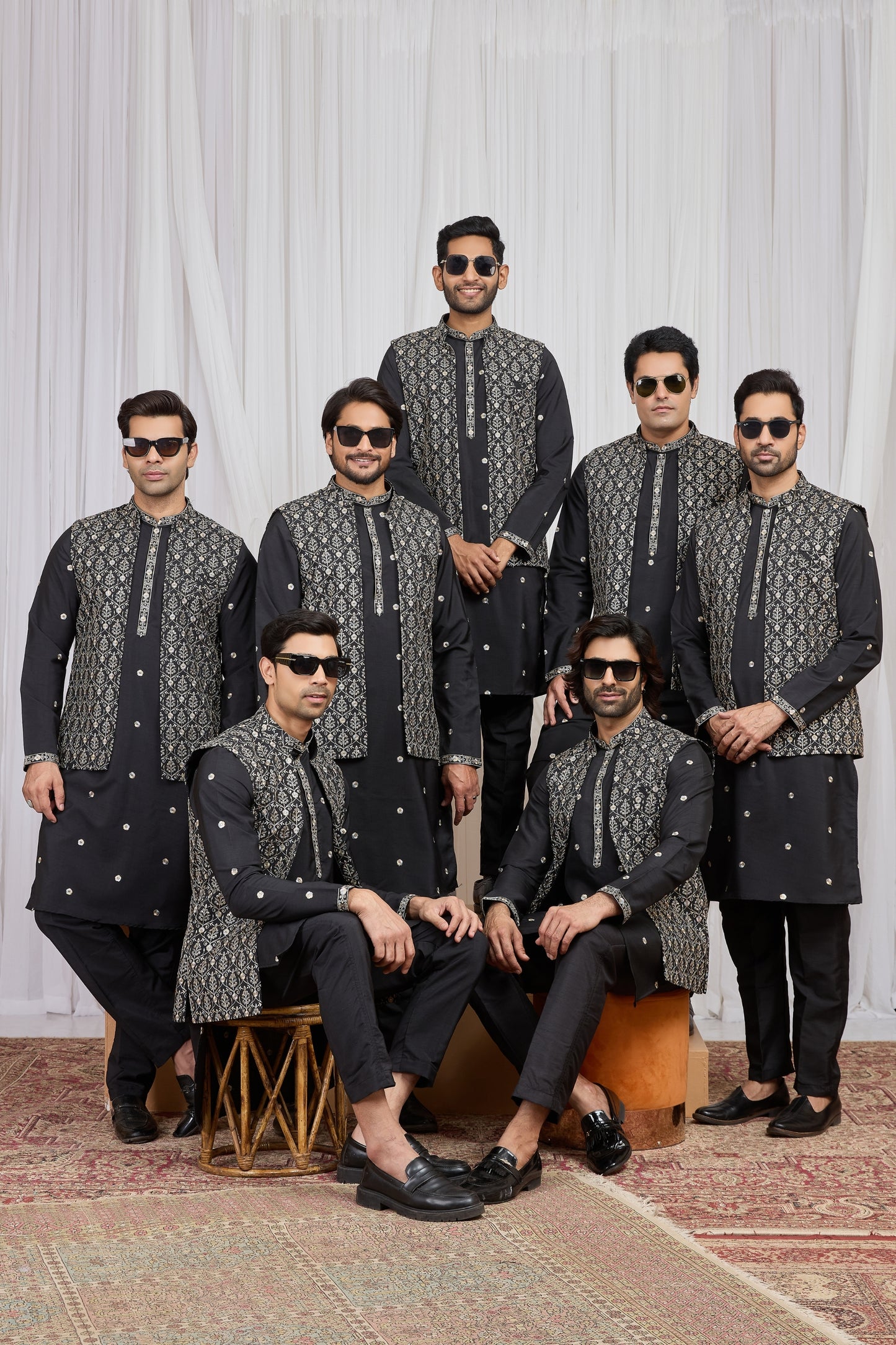 Elegant Black Art Silk Embroidered Wedding Kurta Pyjama with Jacket for Men