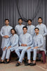 Traditional Sky Blue Art Silk Embroidered Wedding Kurta Pyjama with Jacket for Men