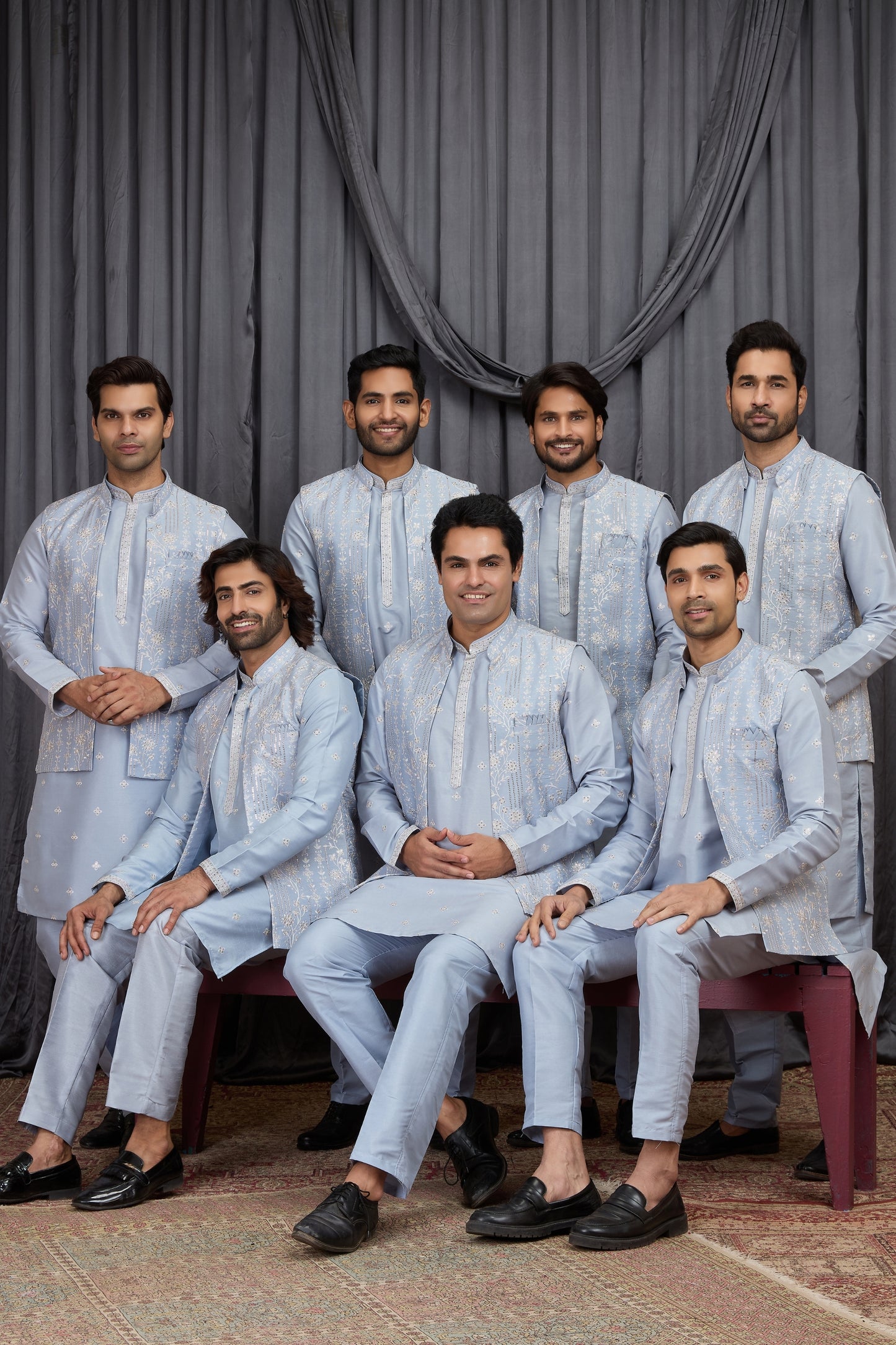 Traditional Sky Blue Art Silk Embroidered Wedding Kurta Pyjama with Jacket for Men