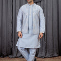 Traditional Sky Blue Art Silk Embroidered Wedding Kurta Pyjama with Jacket for Men