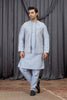 Traditional Sky Blue Art Silk Embroidered Wedding Kurta Pyjama with Jacket for Men