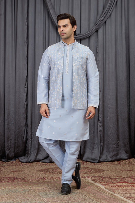 Traditional Sky Blue Art Silk Embroidered Wedding Kurta Pyjama with Jacket for Men