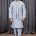 Traditional Sky Blue Art Silk Embroidered Wedding Kurta Pyjama with Jacket for Men
