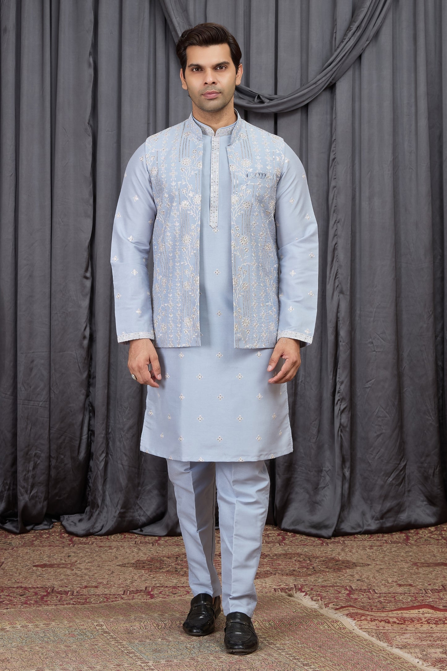 Traditional Sky Blue Art Silk Embroidered Wedding Kurta Pyjama with Jacket for Men