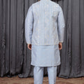 Traditional Sky Blue Art Silk Embroidered Wedding Kurta Pyjama with Jacket for Men