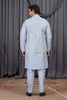 Traditional Sky Blue Art Silk Embroidered Wedding Kurta Pyjama with Jacket for Men