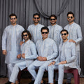 Traditional Sky Blue Art Silk Embroidered Wedding Kurta Pyjama with Jacket for Men