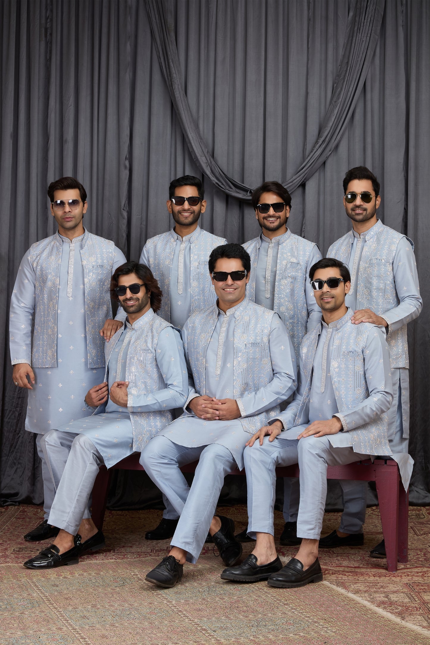 Traditional Sky Blue Art Silk Embroidered Wedding Kurta Pyjama with Jacket for Men