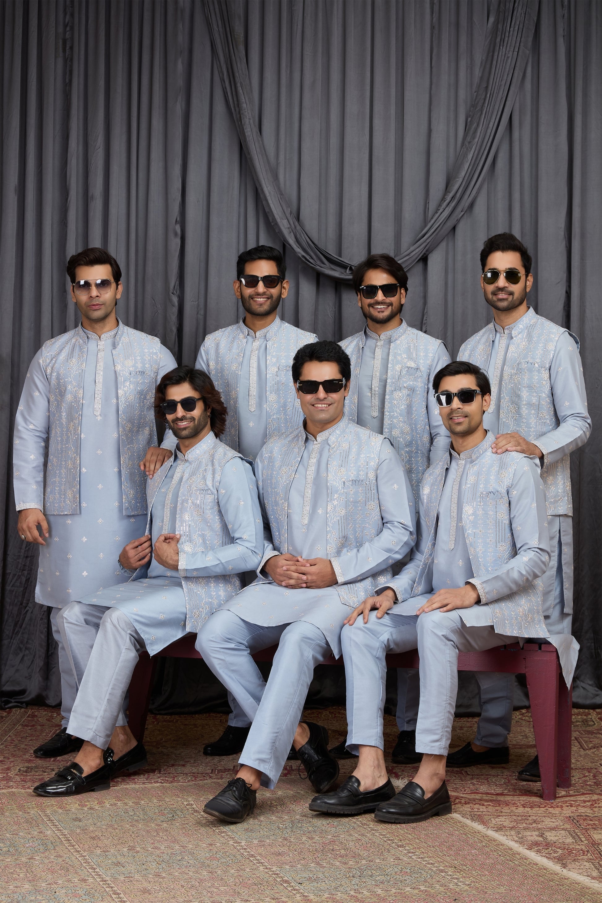 Traditional Sky Blue Art Silk Embroidered Wedding Kurta Pyjama with Jacket for Men