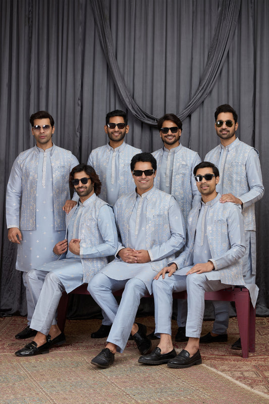 Traditional Sky Blue Art Silk Embroidered Wedding Kurta Pyjama with Jacket for Men