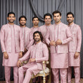 Outstanding Pink Art Silk Embroidered Wedding Kurta Pyjama with Jacket for Men