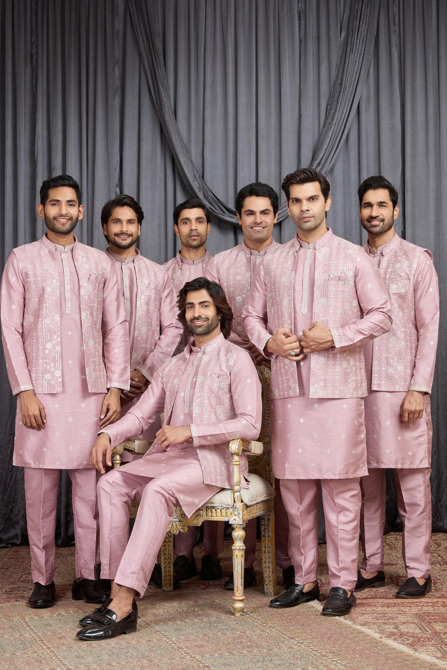 Outstanding Pink Art Silk Embroidered Wedding Kurta Pyjama with Jacket for Men