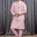 Outstanding Pink Art Silk Embroidered Wedding Kurta Pyjama with Jacket for Men