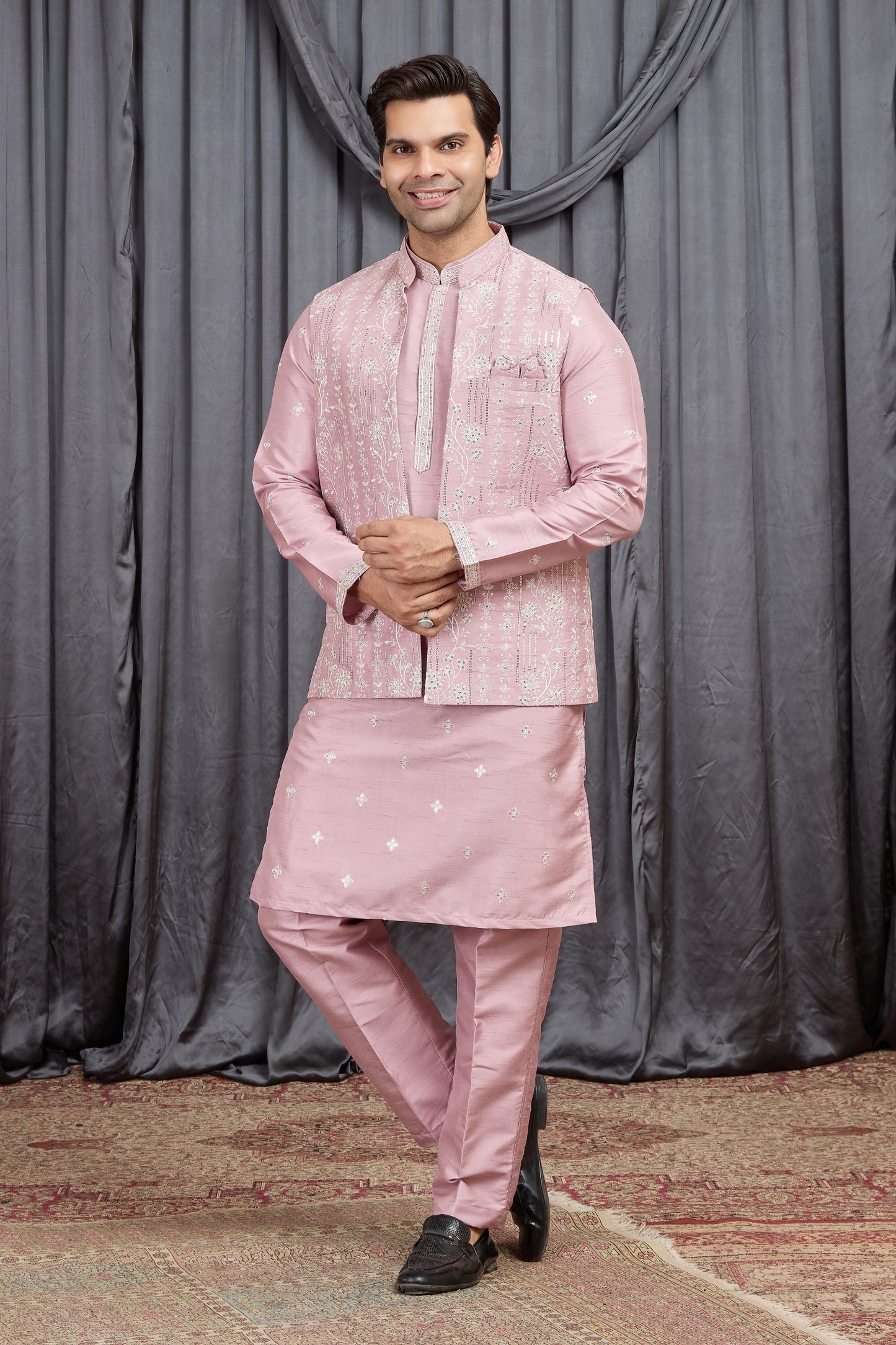 Outstanding Pink Art Silk Embroidered Wedding Kurta Pyjama with Jacket for Men
