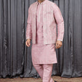 Outstanding Pink Art Silk Embroidered Wedding Kurta Pyjama with Jacket for Men