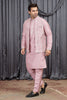 Outstanding Pink Art Silk Embroidered Wedding Kurta Pyjama with Jacket for Men
