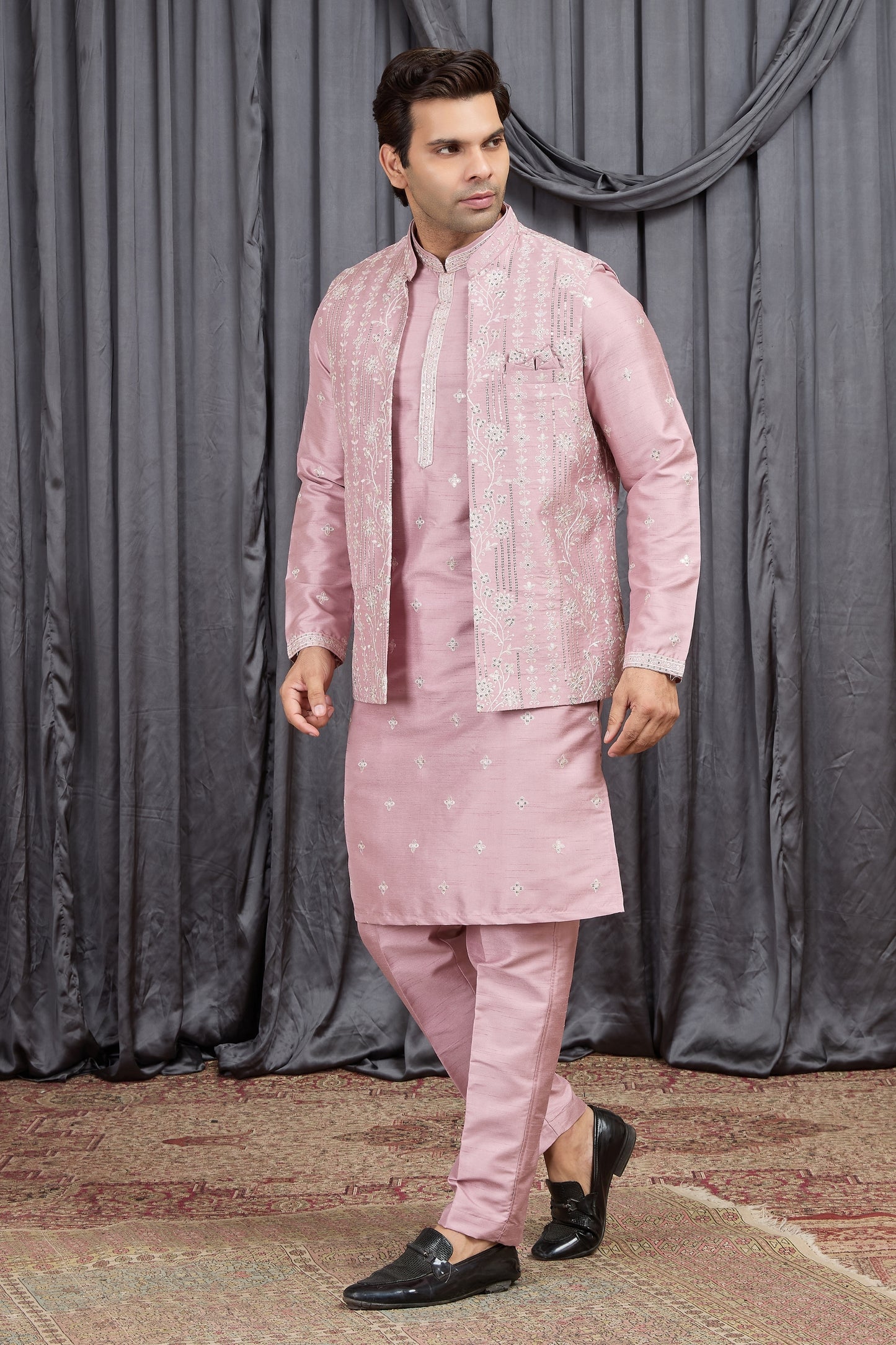 Outstanding Pink Art Silk Embroidered Wedding Kurta Pyjama with Jacket for Men
