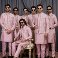 Outstanding Pink Art Silk Embroidered Wedding Kurta Pyjama with Jacket for Men
