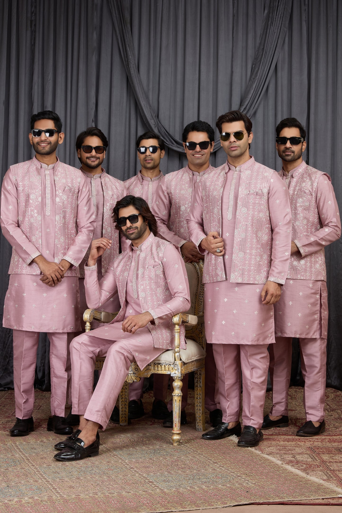 Outstanding Pink Art Silk Embroidered Wedding Kurta Pyjama with Jacket for Men
