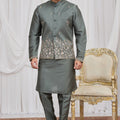 Invaluable Olive Green Art Silk Embroidered Wedding Kurta Pyjama with Jacket for Men