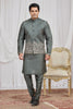 Invaluable Olive Green Art Silk Embroidered Wedding Kurta Pyjama with Jacket for Men