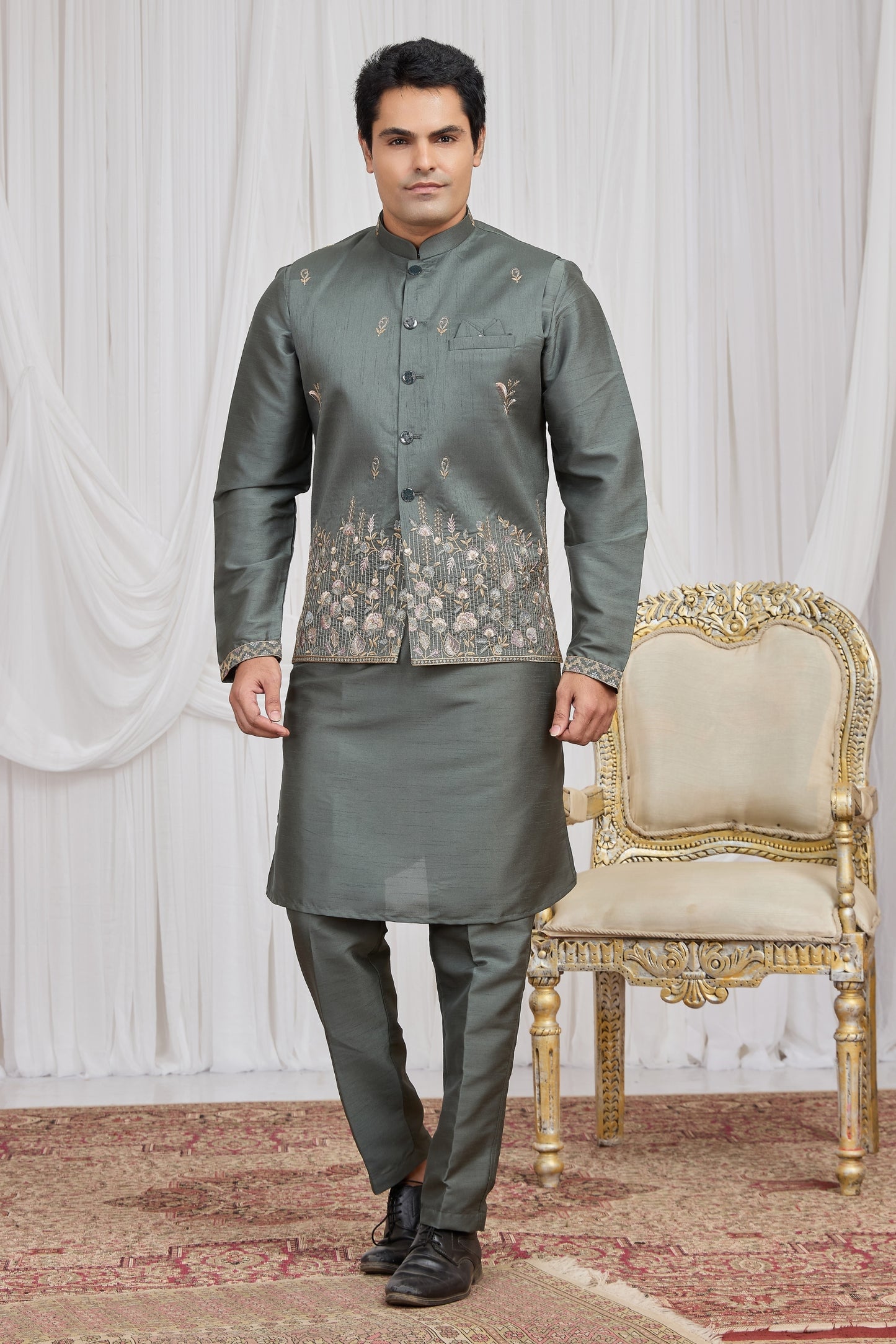 Invaluable Olive Green Art Silk Embroidered Wedding Kurta Pyjama with Jacket for Men