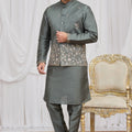 Invaluable Olive Green Art Silk Embroidered Wedding Kurta Pyjama with Jacket for Men