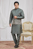 Invaluable Olive Green Art Silk Embroidered Wedding Kurta Pyjama with Jacket for Men