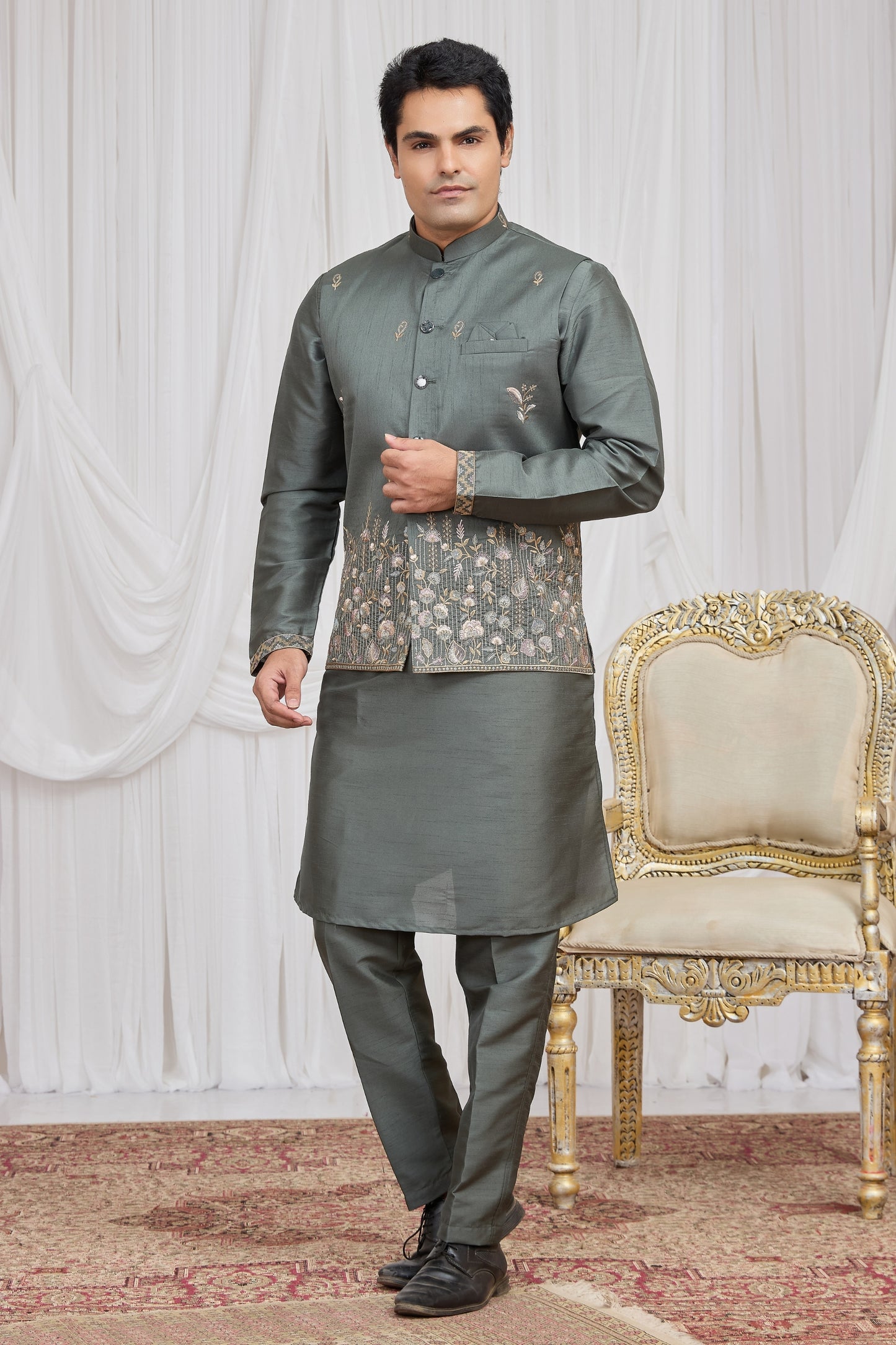 Invaluable Olive Green Art Silk Embroidered Wedding Kurta Pyjama with Jacket for Men