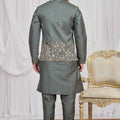 Invaluable Olive Green Art Silk Embroidered Wedding Kurta Pyjama with Jacket for Men