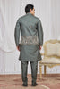 Invaluable Olive Green Art Silk Embroidered Wedding Kurta Pyjama with Jacket for Men