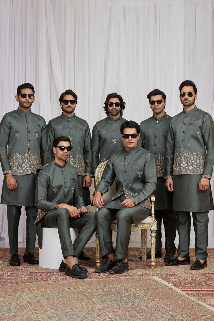 Invaluable Olive Green Art Silk Embroidered Wedding Kurta Pyjama with Jacket for Men