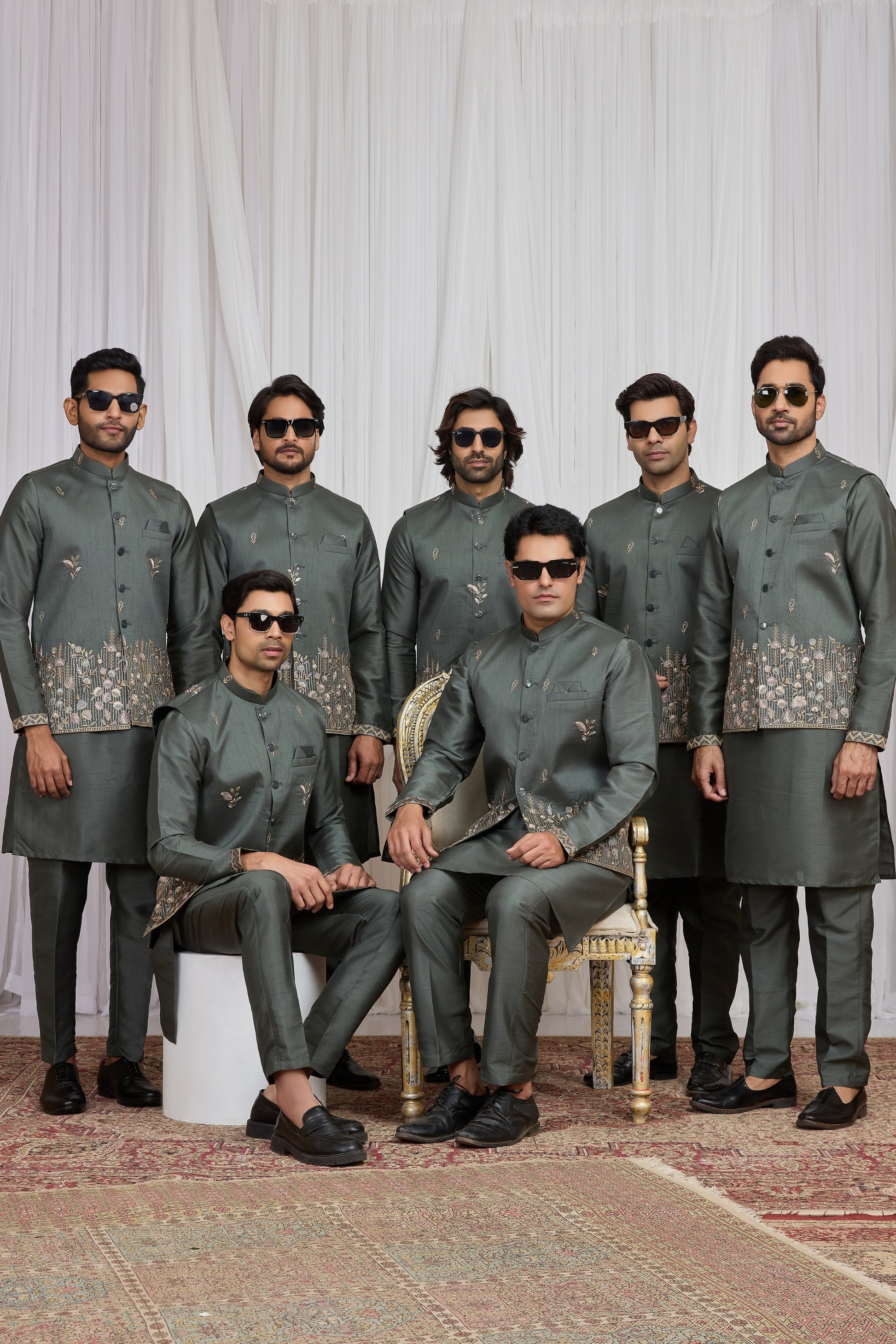 Invaluable Olive Green Art Silk Embroidered Wedding Kurta Pyjama with Jacket for Men