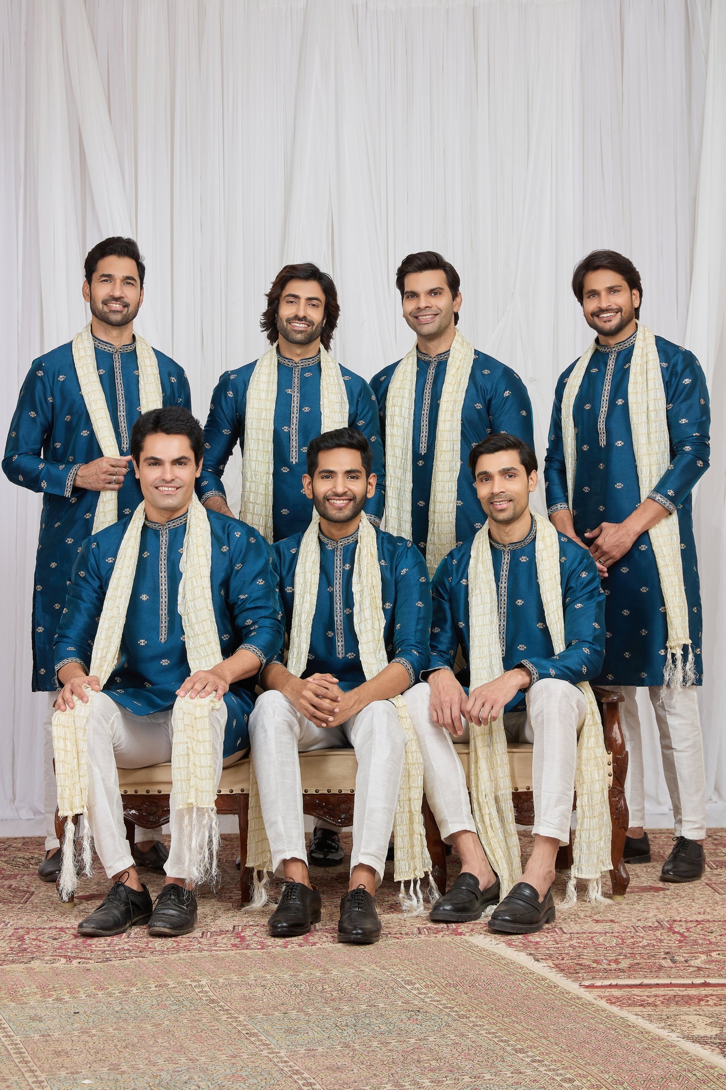 Stylish Teal Blue Art Silk Embroidered Wedding Kurta Pyjama for Men with Cream Stole