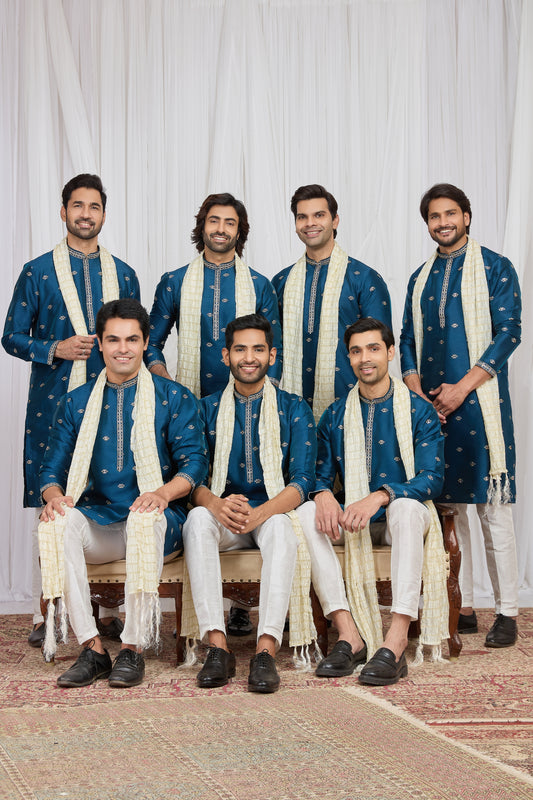Stylish Teal Blue Art Silk Embroidered Wedding Kurta Pyjama for Men with Cream Stole