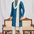 Stylish Teal Blue Art Silk Embroidered Wedding Kurta Pyjama for Men with Cream Stole