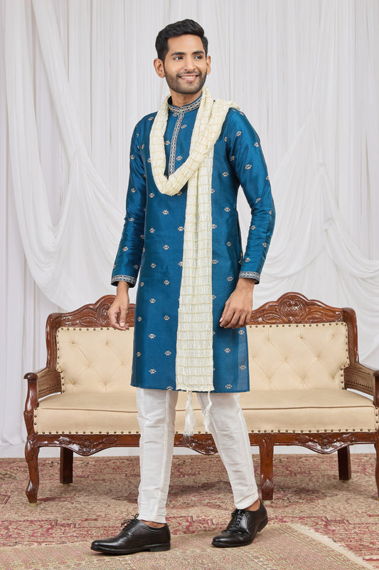 Stylish Teal Blue Art Silk Embroidered Wedding Kurta Pyjama for Men with Cream Stole