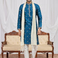 Stylish Teal Blue Art Silk Embroidered Wedding Kurta Pyjama for Men with Cream Stole