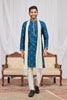 Stylish Teal Blue Art Silk Embroidered Wedding Kurta Pyjama for Men with Cream Stole