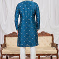 Stylish Teal Blue Art Silk Embroidered Wedding Kurta Pyjama for Men with Cream Stole