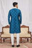 Stylish Teal Blue Art Silk Embroidered Wedding Kurta Pyjama for Men with Cream Stole