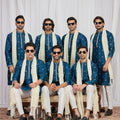 Stylish Teal Blue Art Silk Embroidered Wedding Kurta Pyjama for Men with Cream Stole