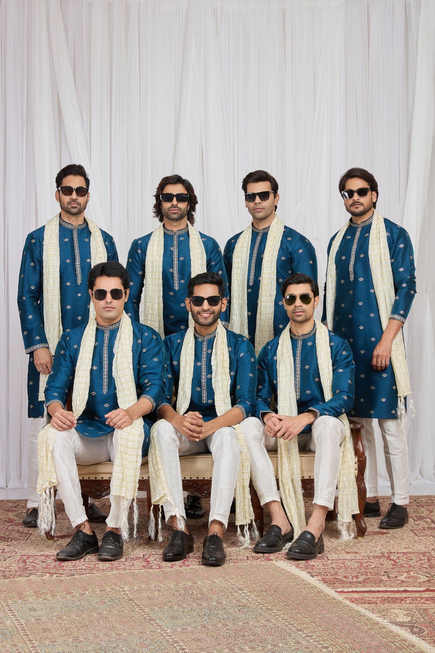 Stylish Teal Blue Art Silk Embroidered Wedding Kurta Pyjama for Men with Cream Stole