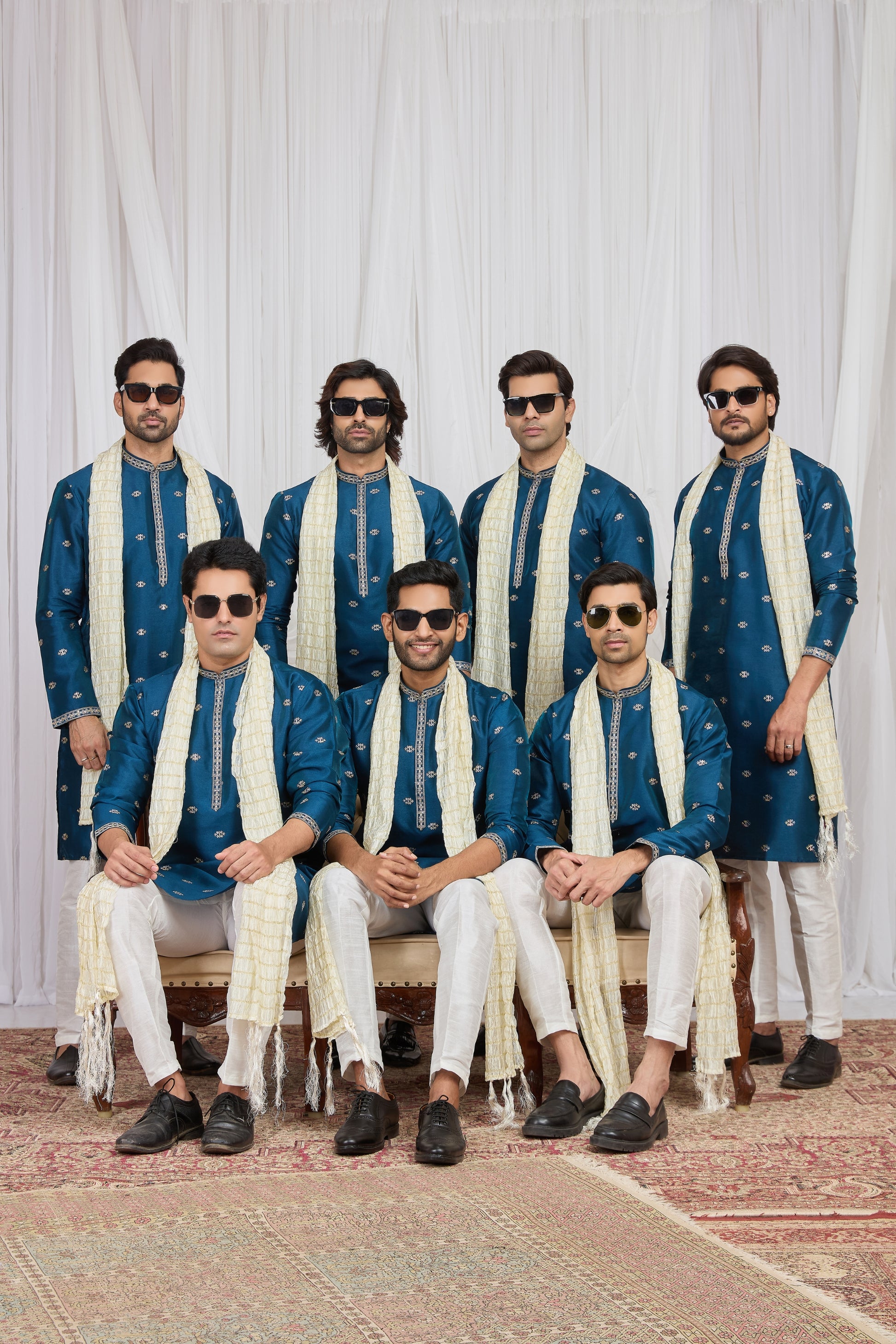 Stylish Teal Blue Art Silk Embroidered Wedding Kurta Pyjama for Men with Cream Stole