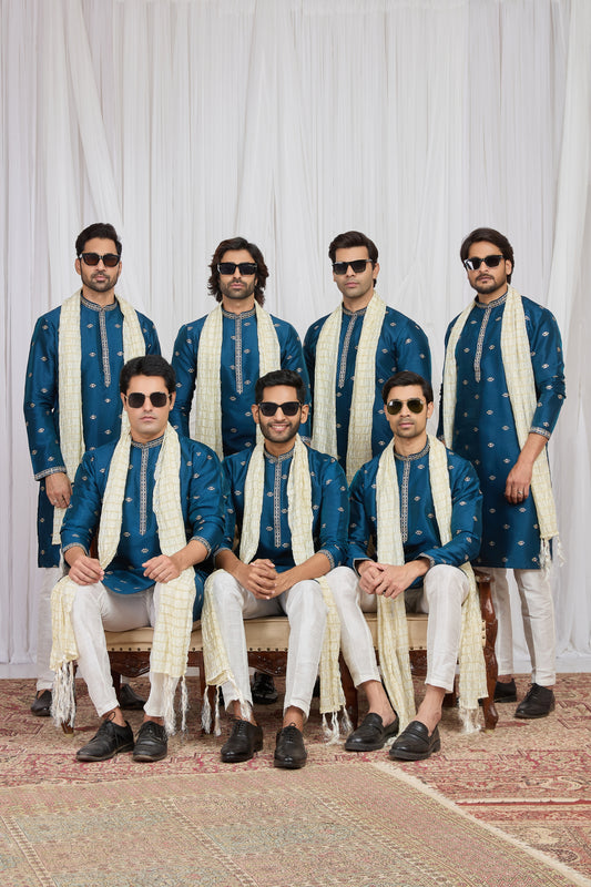 Stylish Teal Blue Art Silk Embroidered Wedding Kurta Pyjama for Men with Cream Stole
