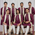 Fancy Maroon Art Silk Embroidered Wedding Kurta Pyjama for Men with Cream Stole